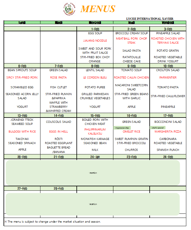 Lycée International Xavier Menus de la cantine_Fév.2023